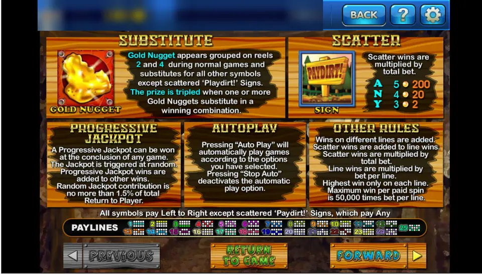 Pay Dirt help screen on 3Win8 with the gold nugget wild, the Paydirt sign scatter, the progressive jackpot note and 25 paylines