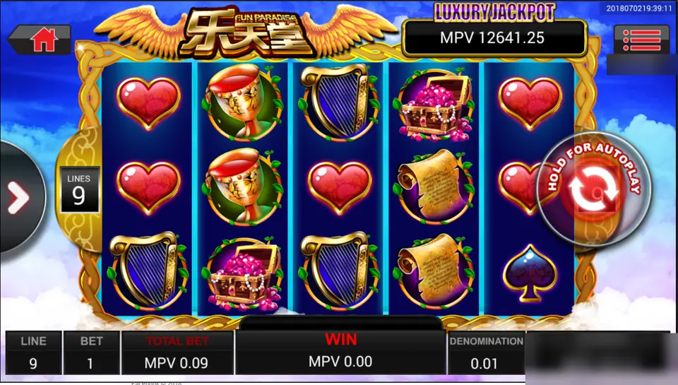 Fun Paradise reels with red hearts, gold goblets, harps, treasure chests and scrolls under a winged Le Tian Tang logo and a Luxury Jackpot meter