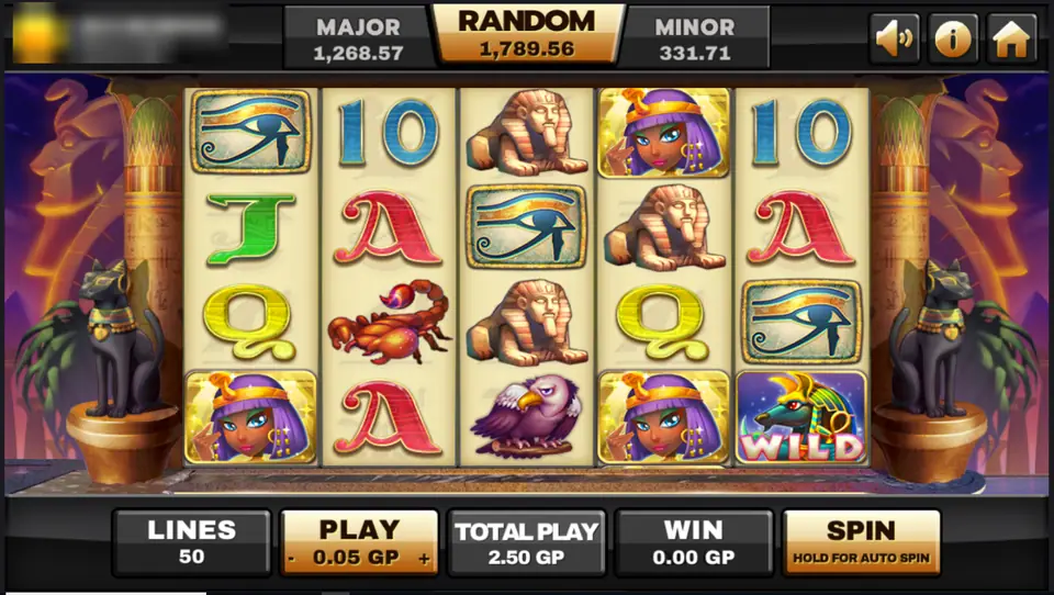 Egypt Queen reels with the queen, sphinx, Eye of Horus, a scorpion and a vulture on four rows, a jackal-headed wild on reel 5, 50 lines at 0.05