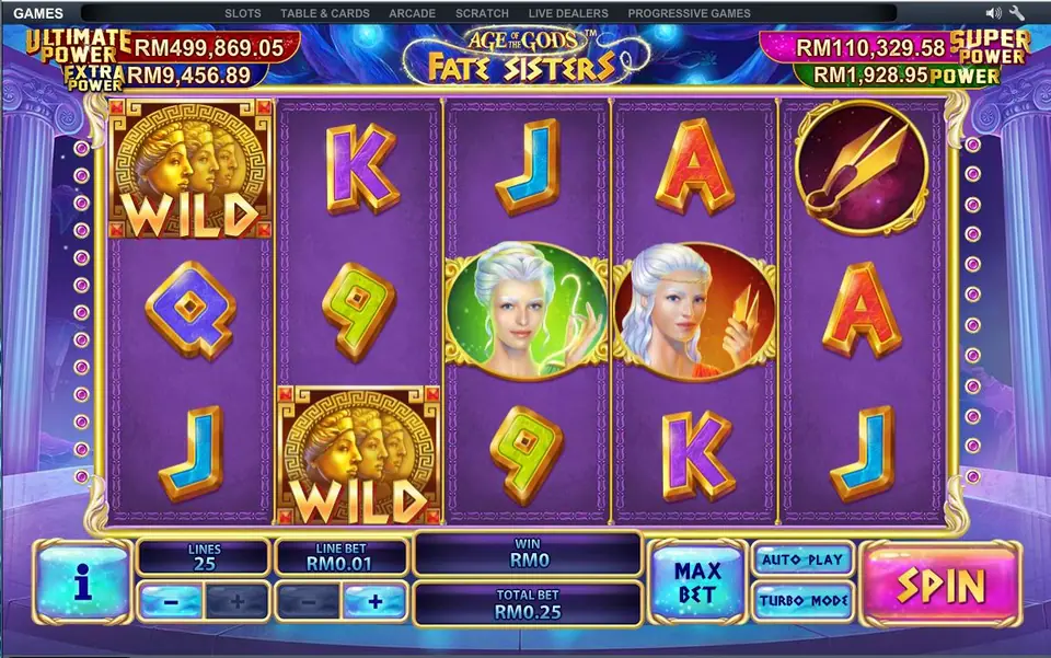 Age of the Gods Fate Sisters reels with two gold three-faced wilds, two sister portraits, golden shears and card letters, 25 lines at RM0.01