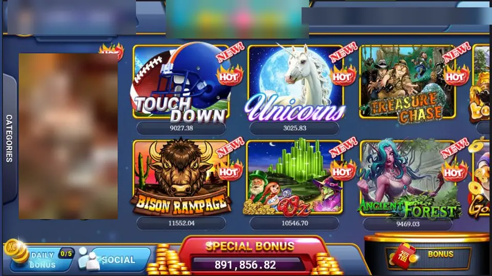 XE88 lobby with tiles for Touch Down, Unicorns, Treasure Chase, Bison Rampage, Oz and Ancient Forest and a Special Bonus counter at the bottom