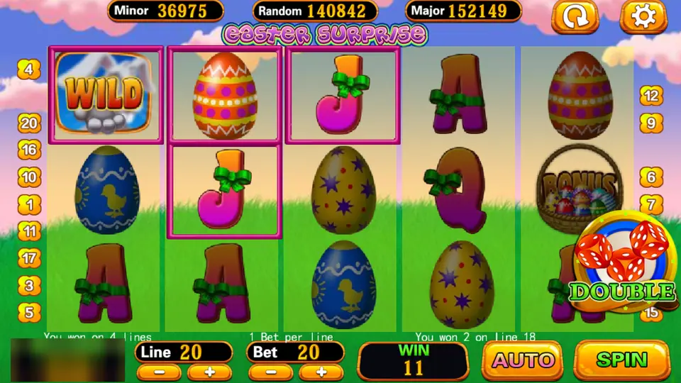 Easter Surprise win of 11 over 4 lines with the wild on reel 1, a bonus basket on reel 5 and the DOUBLE button