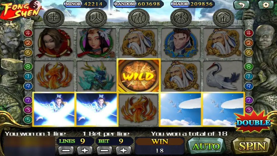Fong Shen win of 18 on one line with a bronze wild, a hero in a burst of light on reels 1 and 2 and the DOUBLE badge