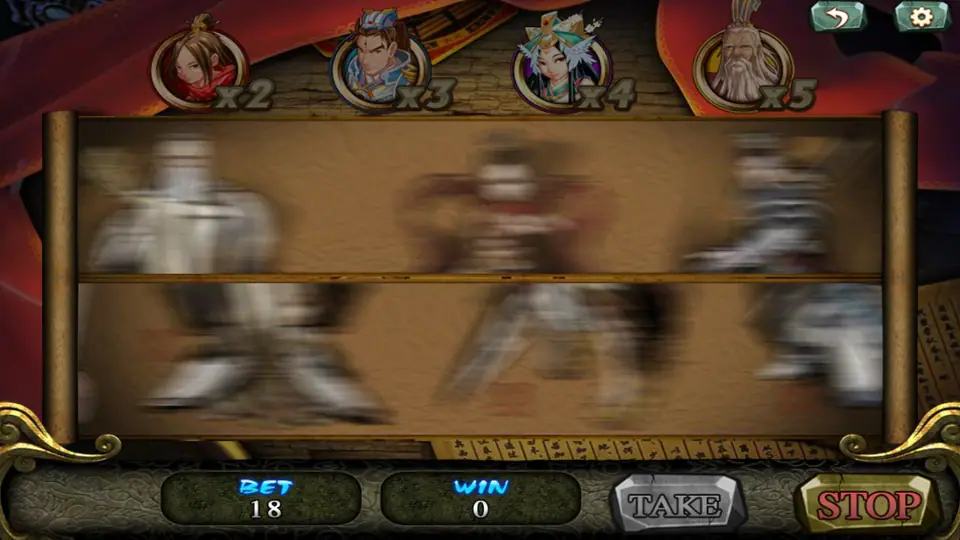 Fong Shen double-up screen with four character portraits marked x2 to x5 over a spinning scroll, bet 18, TAKE and STOP buttons