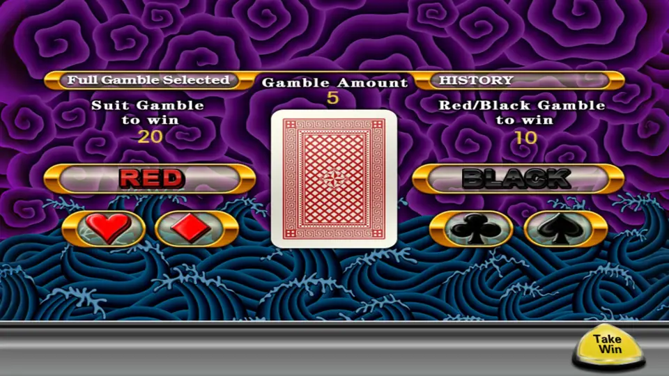 Five Dragon gamble screen: gamble amount 5, suit gamble to win 20, red or black to win 10, with a Take Win button