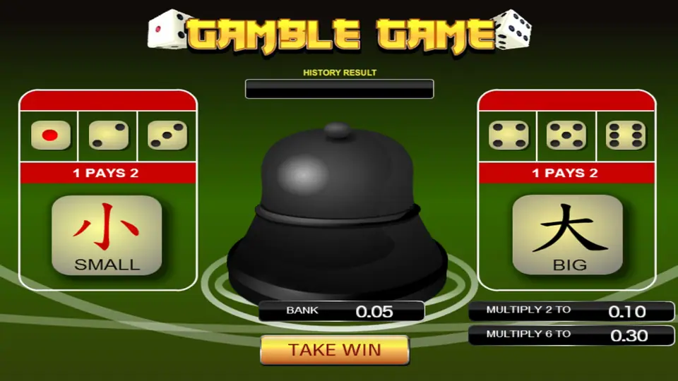 Fortune Gamble Game with a black dice cup, SMALL and BIG panels paying 1 to 2, bank 0.05 and a Take Win button