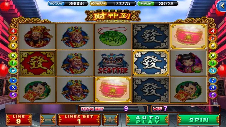 God of Wealth spin paying 7 at a total bet of 9, with glowing drums and prosperity tiles, the god of wealth and a lion dance scatter