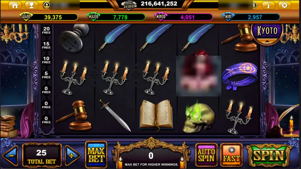 Queen Femida reels with gavels, quills, candelabras and a green-eyed skull, the free spin ladder on the left and four jackpot meters above