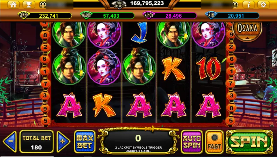 Samurai Sensei reels with a samurai in green and a geisha in purple on reels 1 to 5, pink A symbols on the bottom row, total bet 180