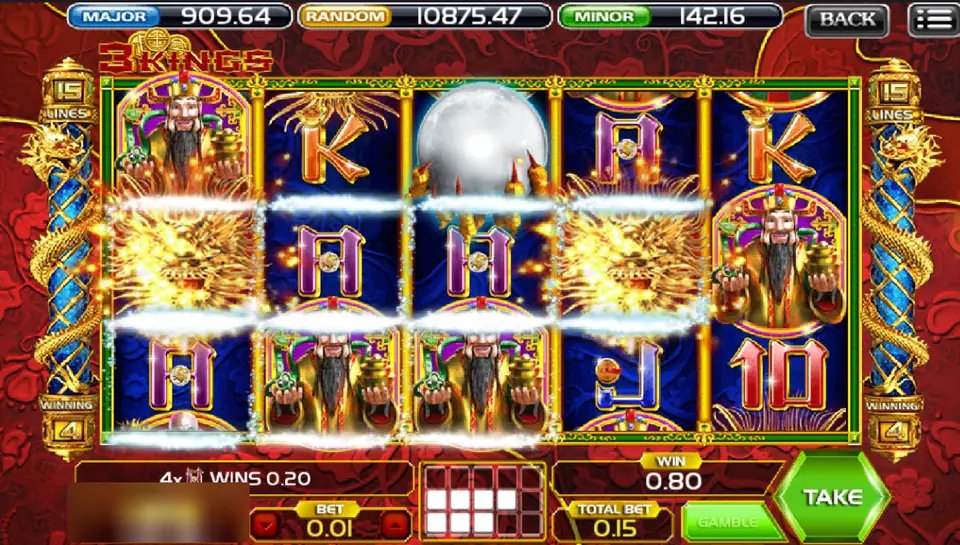 3 Kings line 4 win with gold dragon heads standing in for A, message 4x A wins 0.20 and total win 0.80
