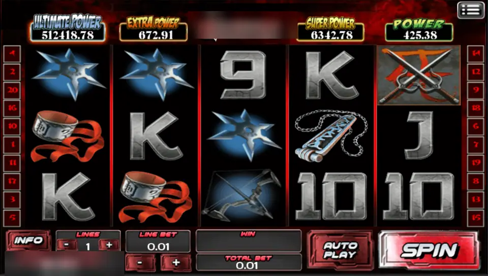 Elektra reels with throwing stars on reels 1 and 2, red-ribboned cuffs, a bow on reel 3 and crossed sai in the top right, one line at 0.01