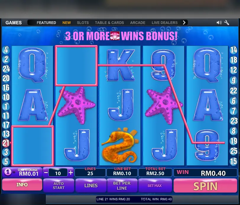 Great Blue spin in LPE88 with the banner 3 or more shells wins bonus and a RM0.20 win on line 21