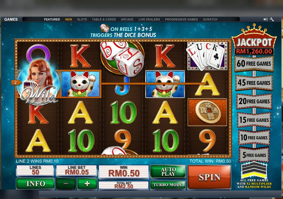 Streak of Luck with dice symbols on reel three, a banner reading on reels 1+3+5 triggers the dice bonus, line 2 win RM0.10