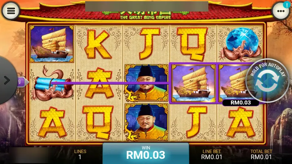 The Great Ming Empire win of RM0.03 on line 1, with two junks framed on reels four and five