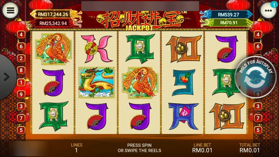 Zhao Cai Jin Bao Jackpot reels with a phoenix, the green dragon and charm-hung letters