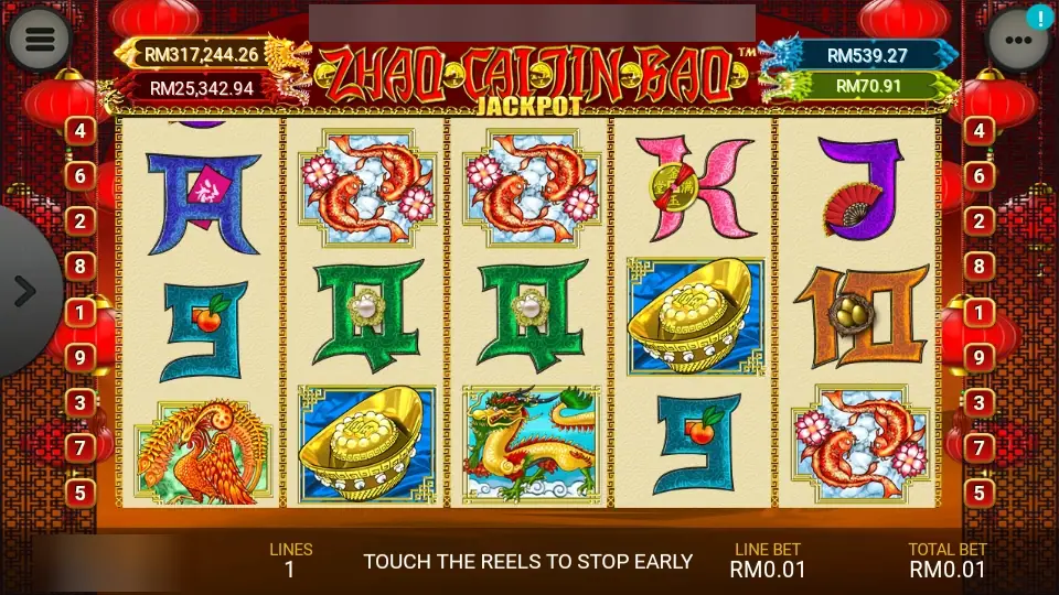 Zhao Cai Jin Bao Jackpot with three koi pairs, two gold ingots, a dragon and a phoenix, the English title on the logo