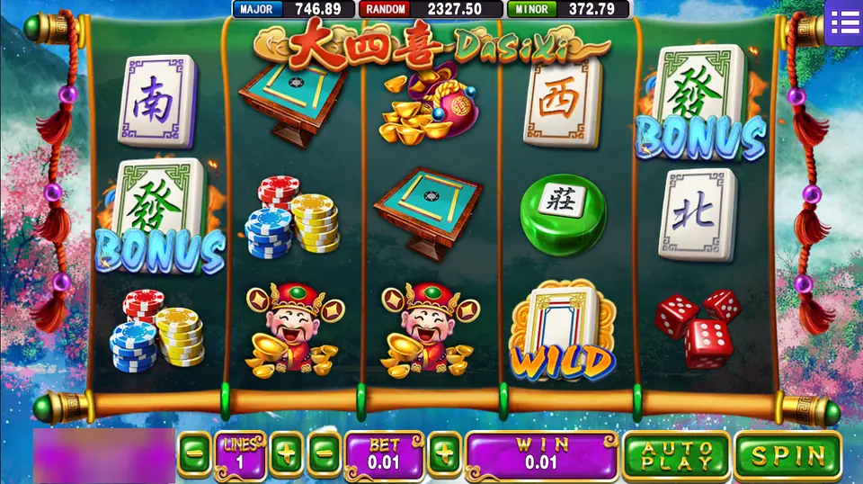 Da Si Xi with two fortune gods on reels 2 and 3, a WILD tile on reel 4 and BONUS tiles on reels 1 and 5, 1 line at 0.01