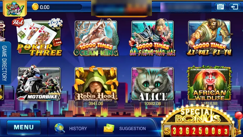 Mega888 lobby with tiles for Poker Three, Ocean King, Da Sheng Nao Hai, Li Kui Pi Yu, Motorbike, Robin Hood, Alice and African Wildlife