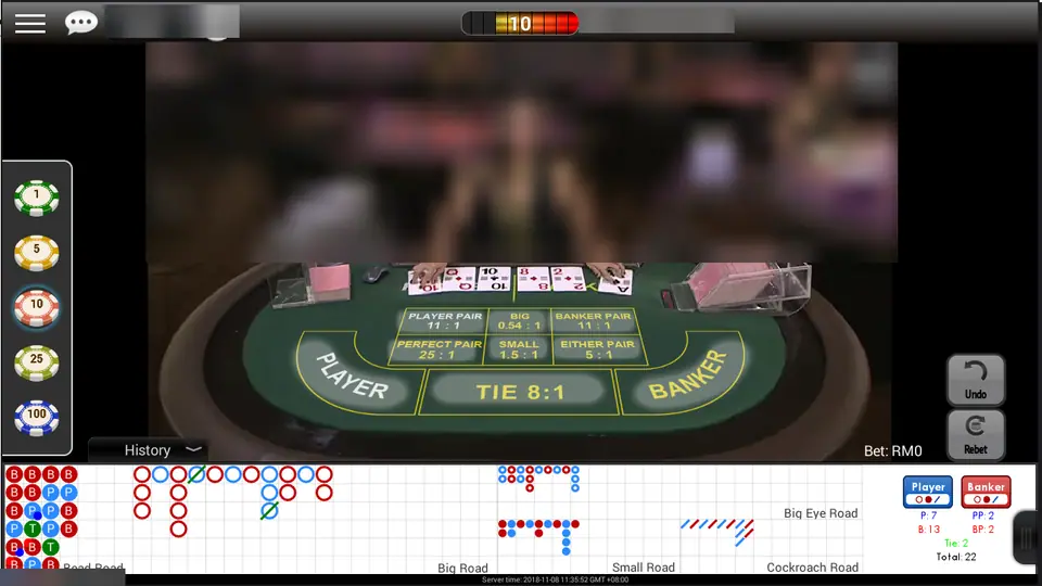 Green baccarat felt with Player, Banker and Tie 8:1 and the side-bet boxes printed on the cloth, chips 1 to 100 on the left and the road maps below