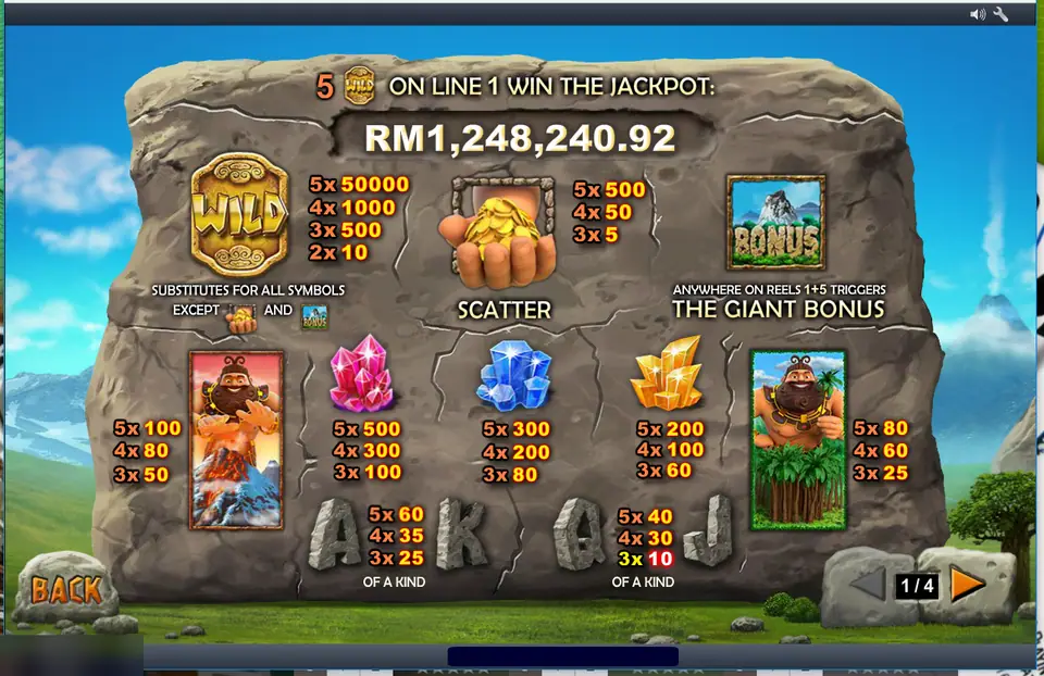 Jackpot Giant pay table page 1: five wilds on line 1 win the jackpot, wild 50,000, coin scatter 500, bonus on reels 1 and 5, crystals 200 to 500, letters 40 to 60